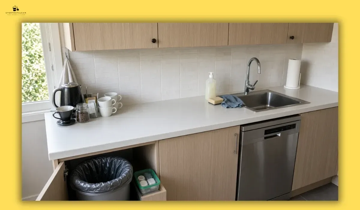Airbnb kitchen stocked with cleaning products and guest consumables