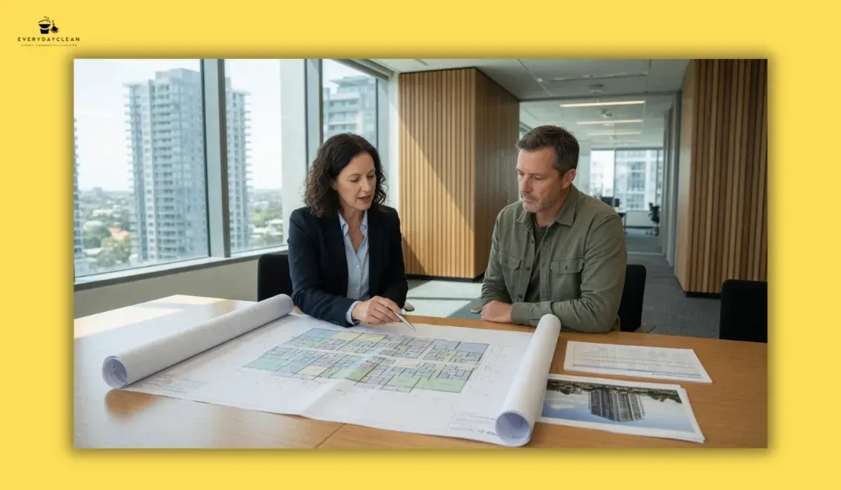 Apartment owner discussing strata window cleaning responsibility with a strata manager
