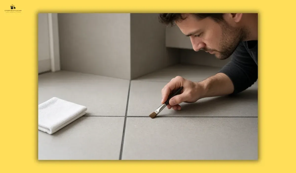 Black tile grout being tested with a small amount of sealer in an inconspicuous corner