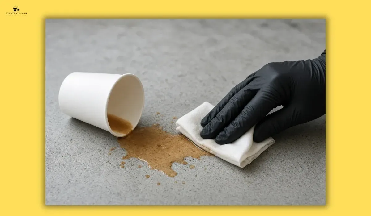 Blotting a coffee spill on a concrete floor with an absorbent cloth