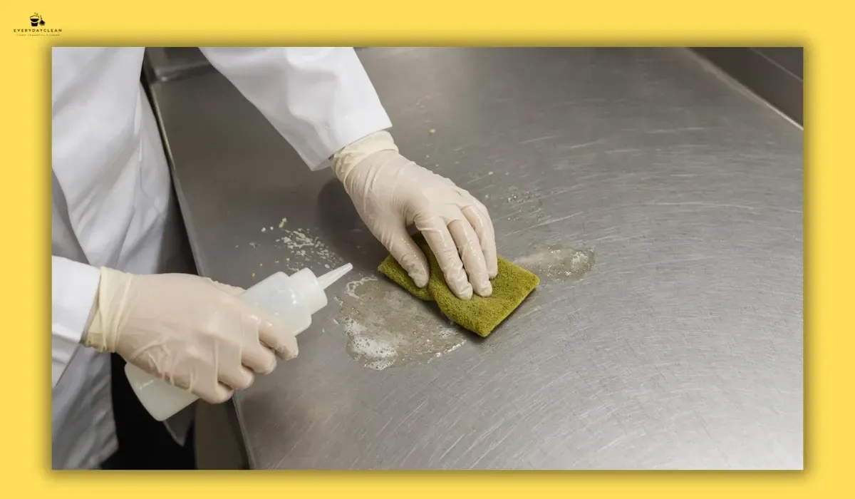 Butcher removing grease and food residue from a preparation surface