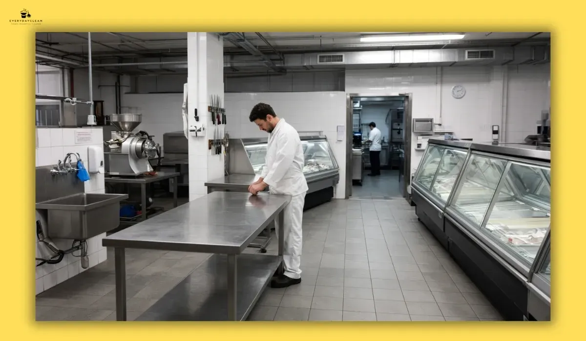 Butcher shop cleaning procedure covering equipment, food-contact surfaces, floors and work areas