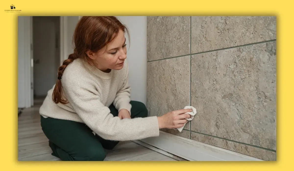 checking coloured grout and natural stone before cleaning