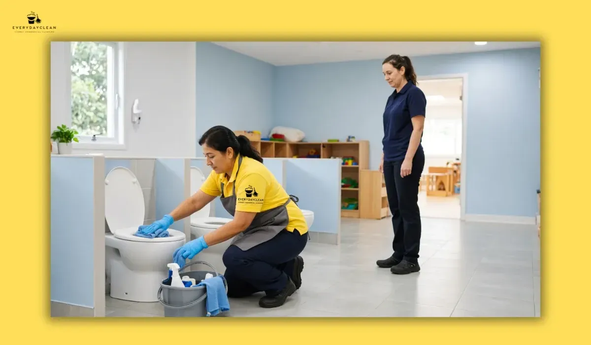 Childcare cleaner cleaning a toileting area while staff keep children away