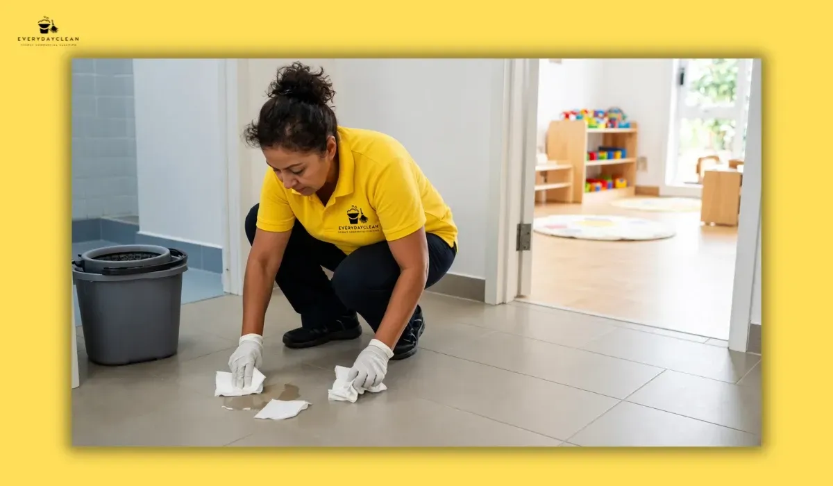 Childcare cleaner safely managing a toileting spill