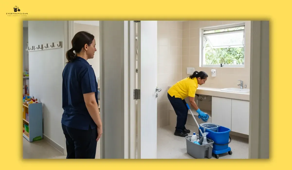 Childcare staff keeping children away while a bathroom is being cleaned