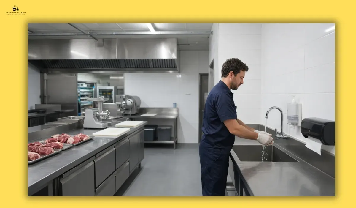 Clean and sanitary food preparation area in an Australian butcher shop