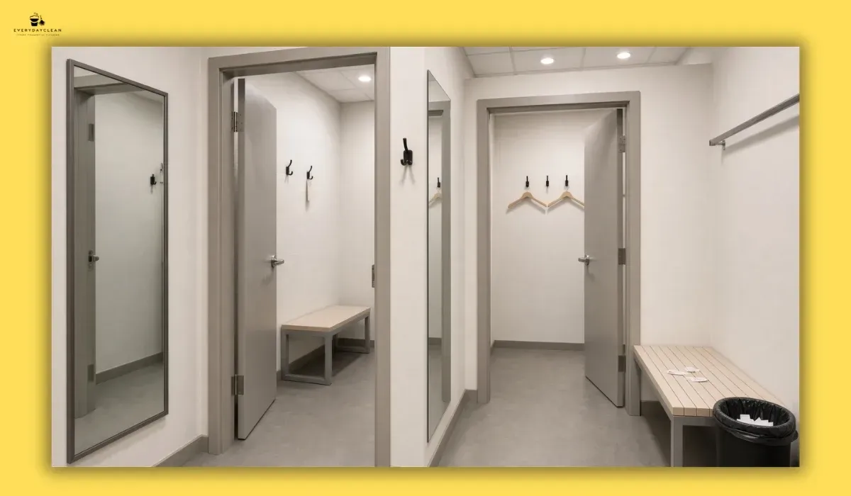 Clean retail fitting room with mirrors, hooks, seating and clear floor
