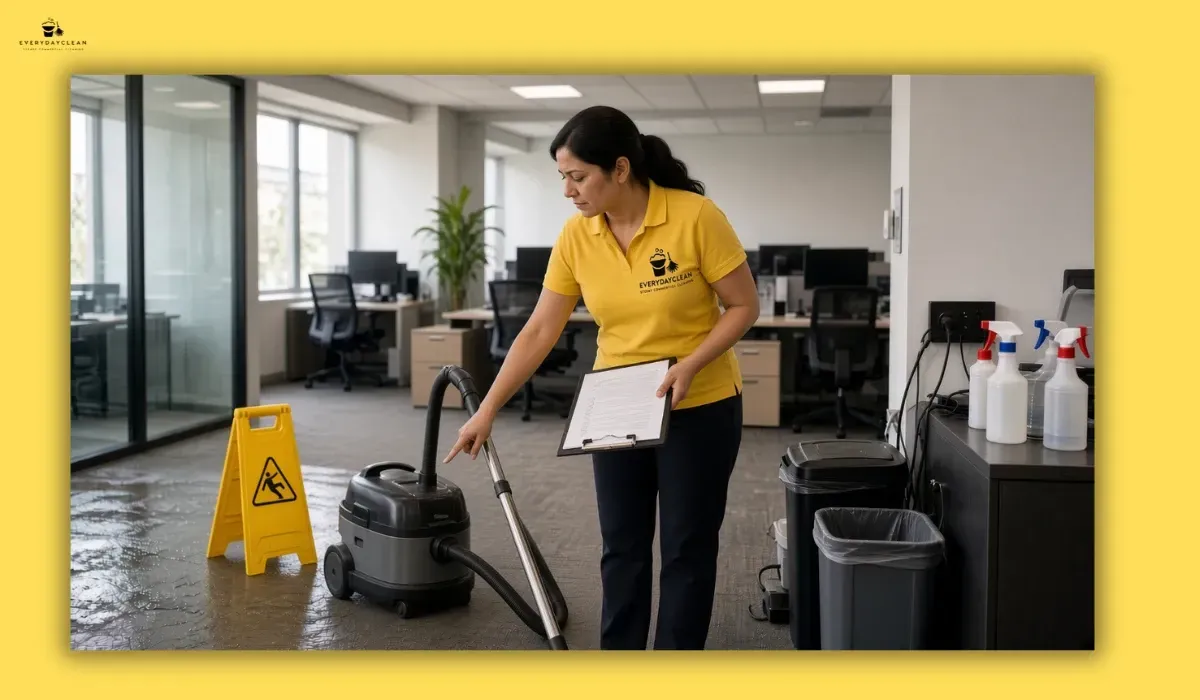 Cleaner assessing common hazards in an office cleaning area