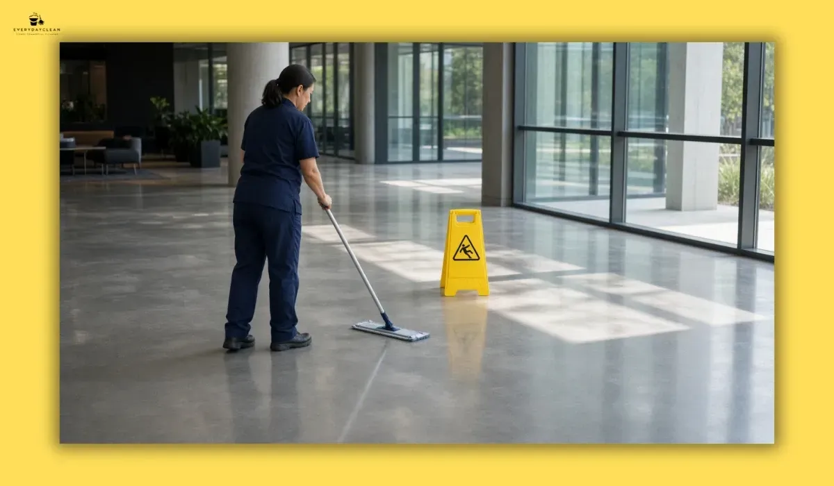 Cleaner damp mopping a polished concrete floor in a commercial lobby with a microfibre mop