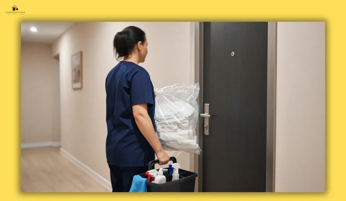 Cleaner delivering fresh linen to fix a complaint