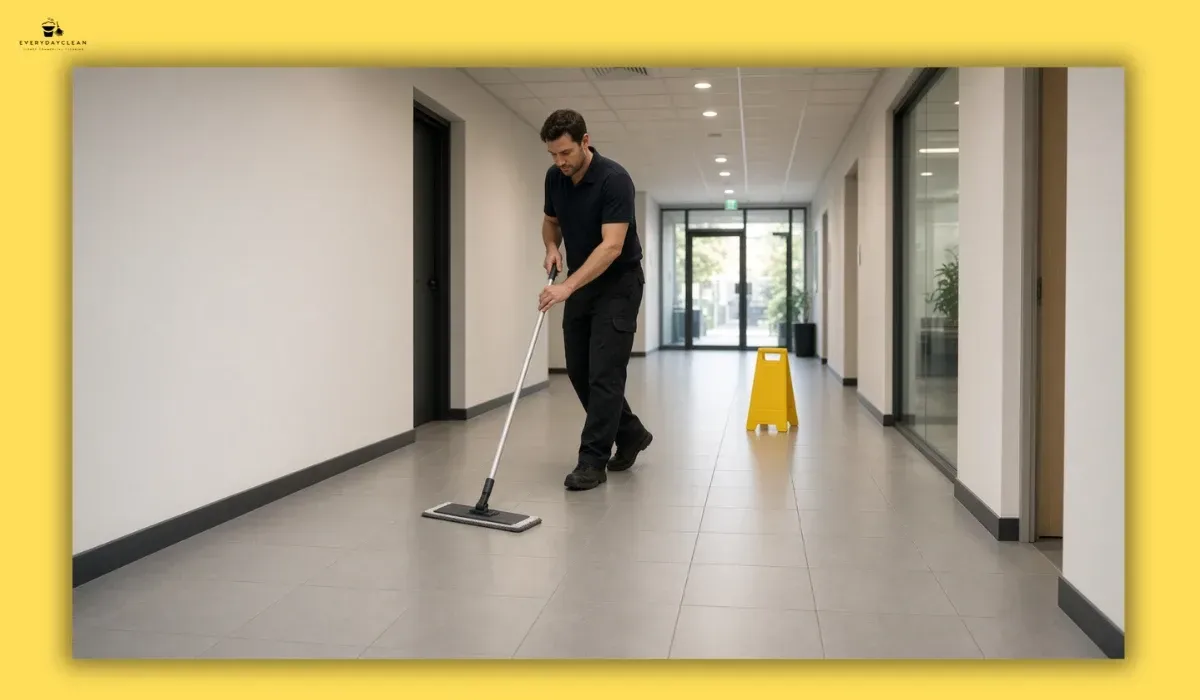 Cleaner following a daily commercial tile floor cleaning routine