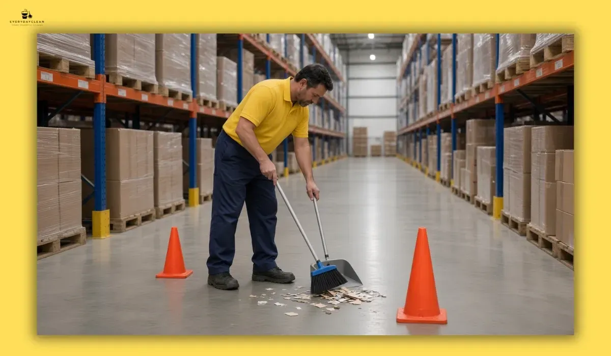 Cleaner following a safe warehouse cleaning procedure near storage racks