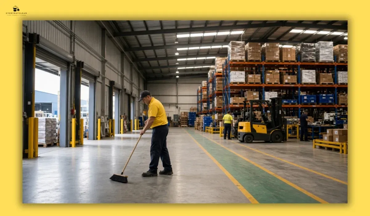Cleaner inspecting warehouse aisles, loading docks and storage areas