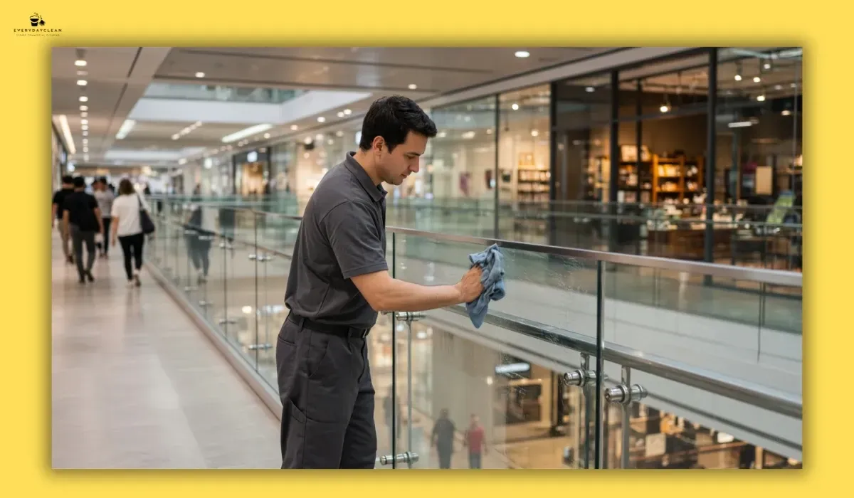 Cleaner maintaining shared glass and balustrades beside retail shops