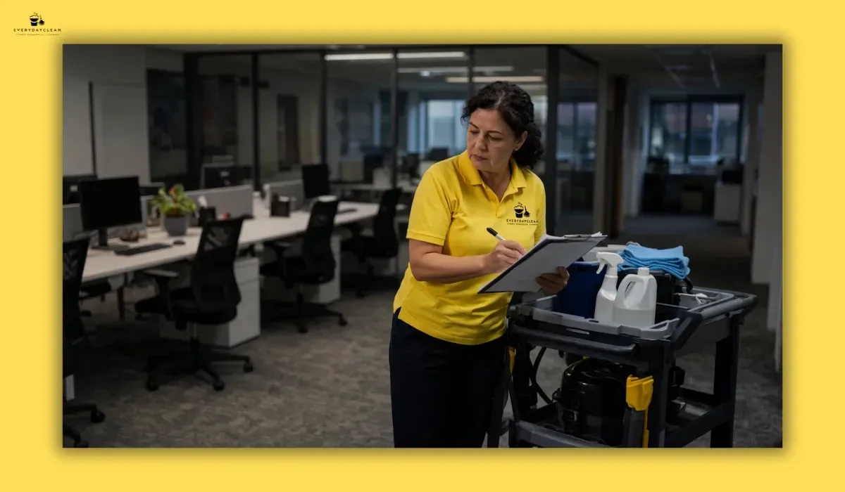 Cleaner reviewing an office cleaning risk assessment before starting work