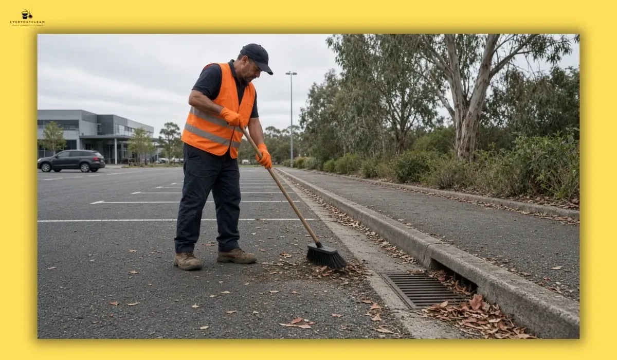 Cleaner sweeping grit and leaf litter from an asphalt car park kerb with a poly broom