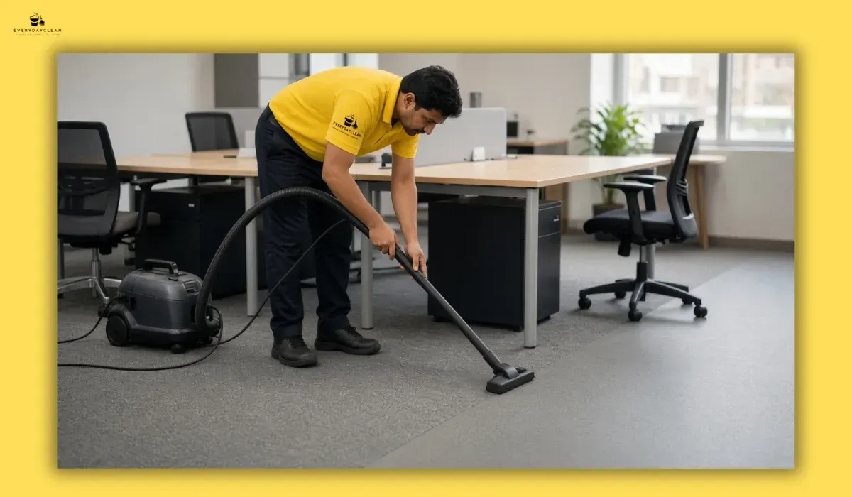 Cleaner using a canister vacuum under office desks