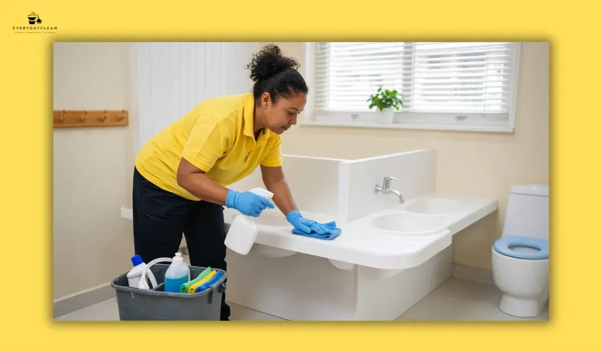 Cleaner washing a childcare toilet surface before disinfection