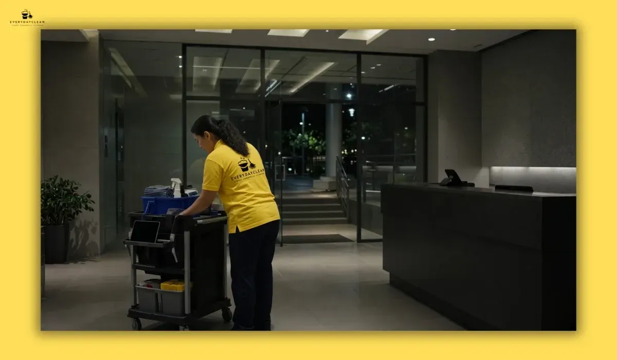 Cleaner working alone in an office after hours