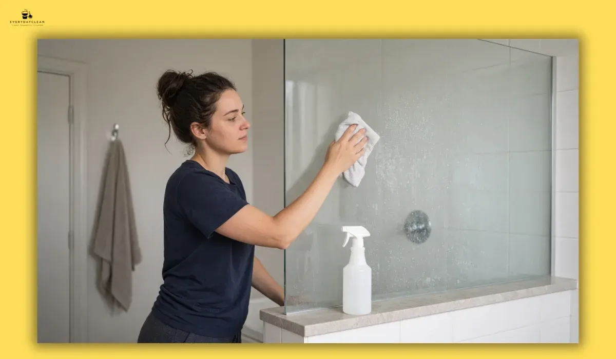 Cleaning hard water stains from a glass shower screen with vinegar