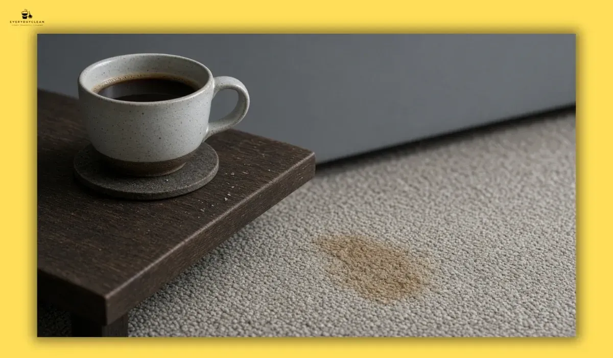 Coffee cup beside a visible brown stain on carpet showing the source of discolouration