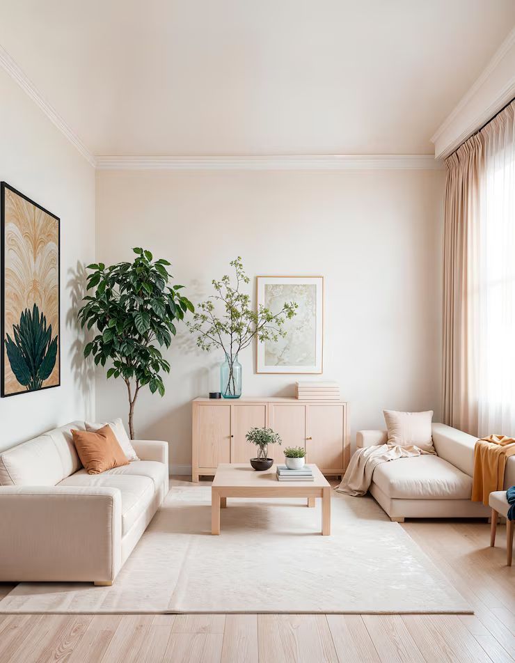 Living room with beige furniture, green plants, and a light-colored rug and wood floor.