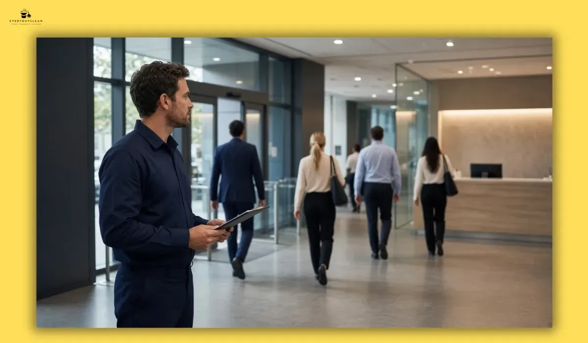 Commercial cleaner assessing workplace traffic and cleaning frequency