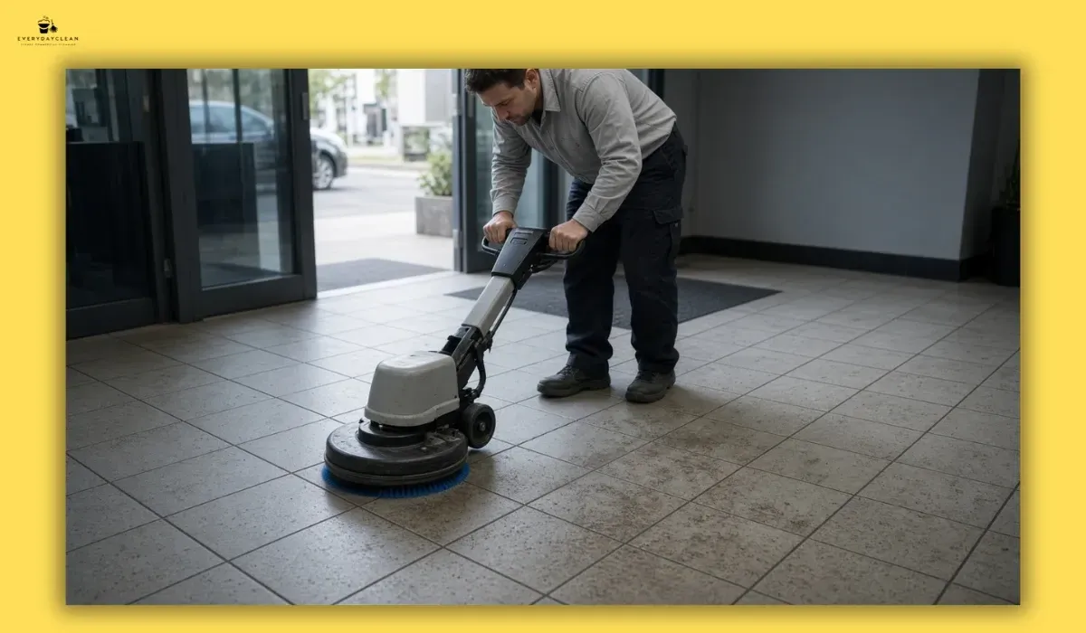 Commercial cleaner deep cleaning grout lines on a tiled floor