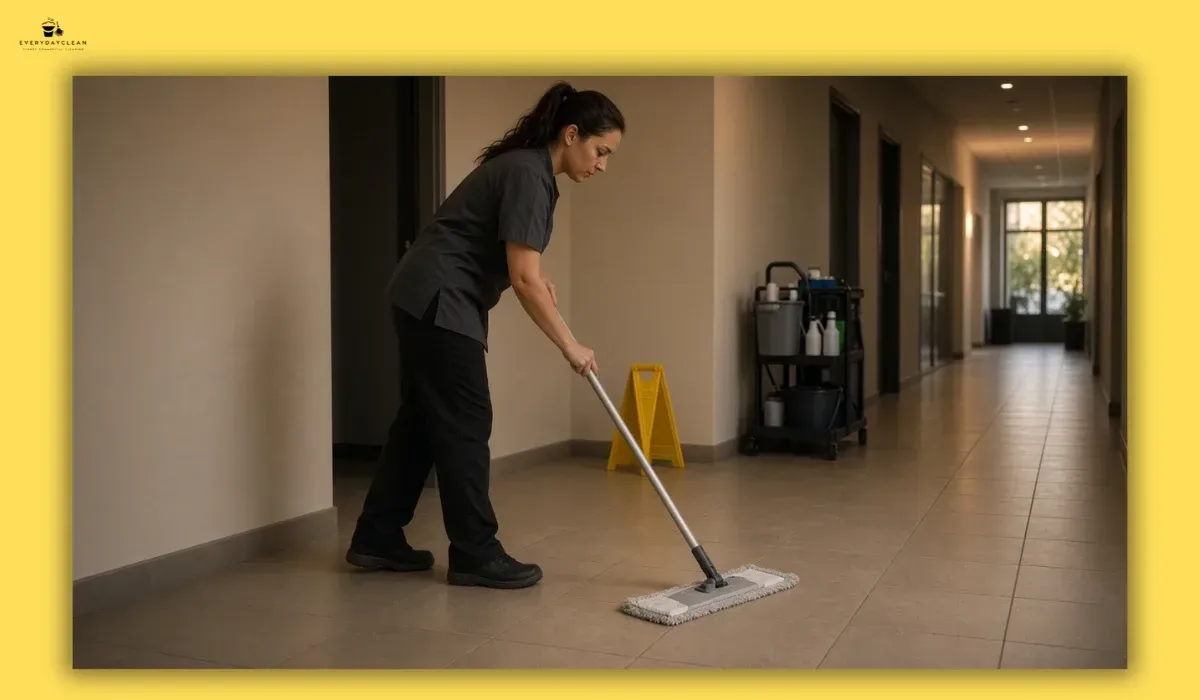 Commercial cleaner maintaining a clean tiled floor during a routine service