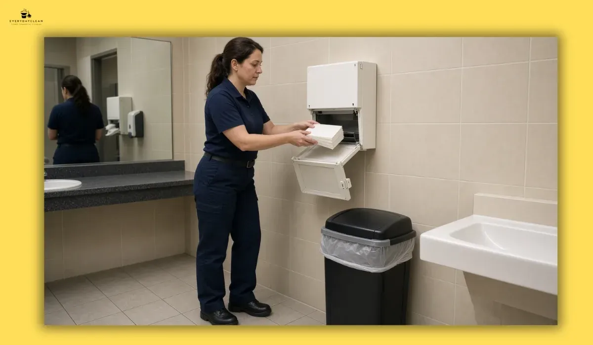 Commercial cleaner restocking paper towels in a workplace restroom
