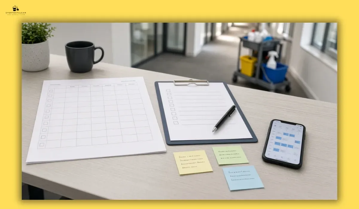 Commercial cleaning schedule covering daily, weekly and periodic workplace tasks
