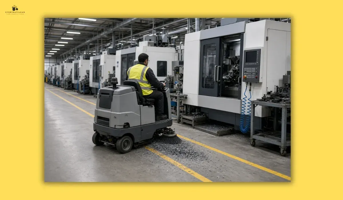 Compact sweeper collecting metal swarf beside CNC machines in a manufacturing plant
