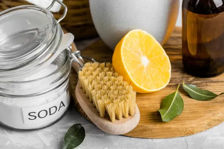 Consumer checking organic cleaning products' ingredient information before purchase