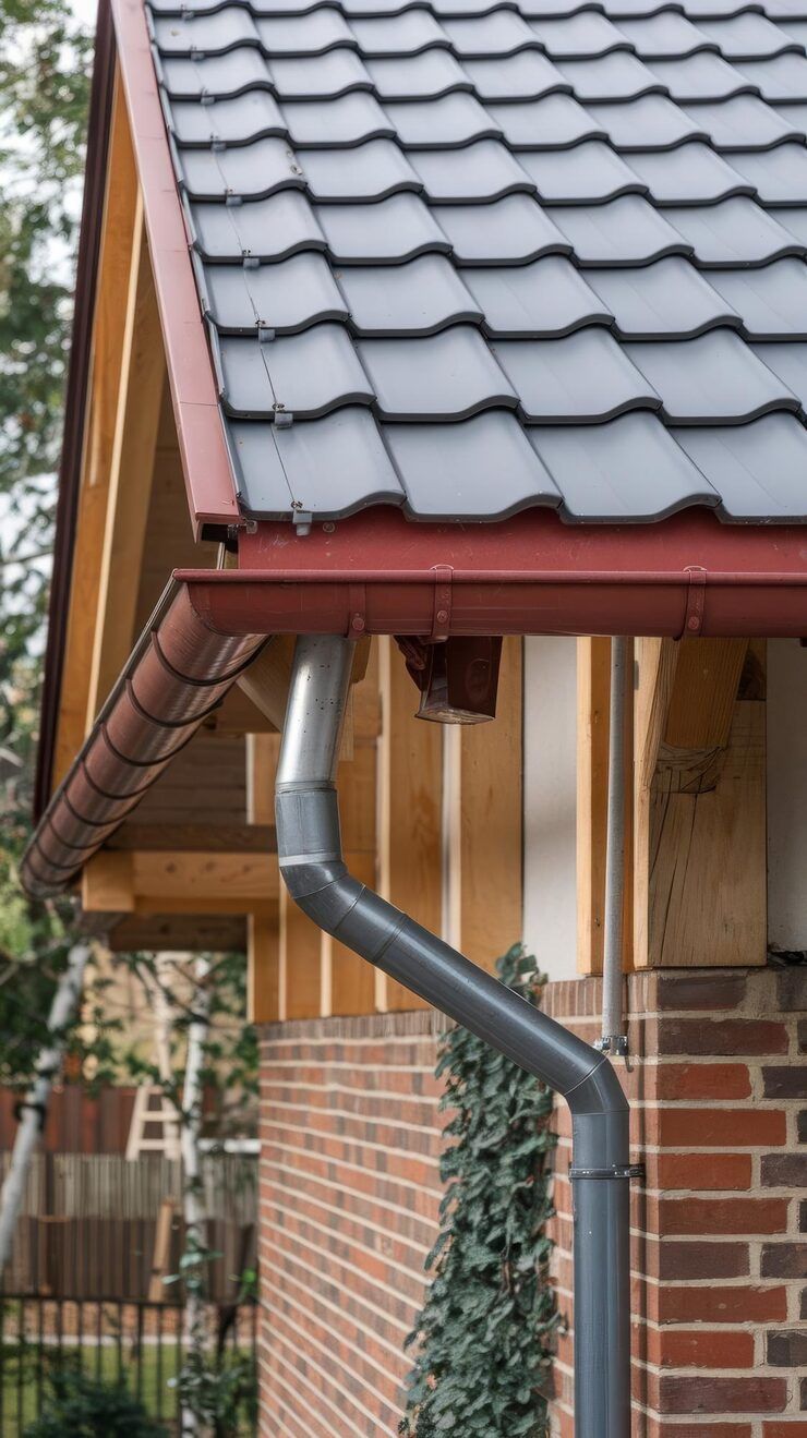 Grey tiled roof with red trim, brick wall, grey gutter.