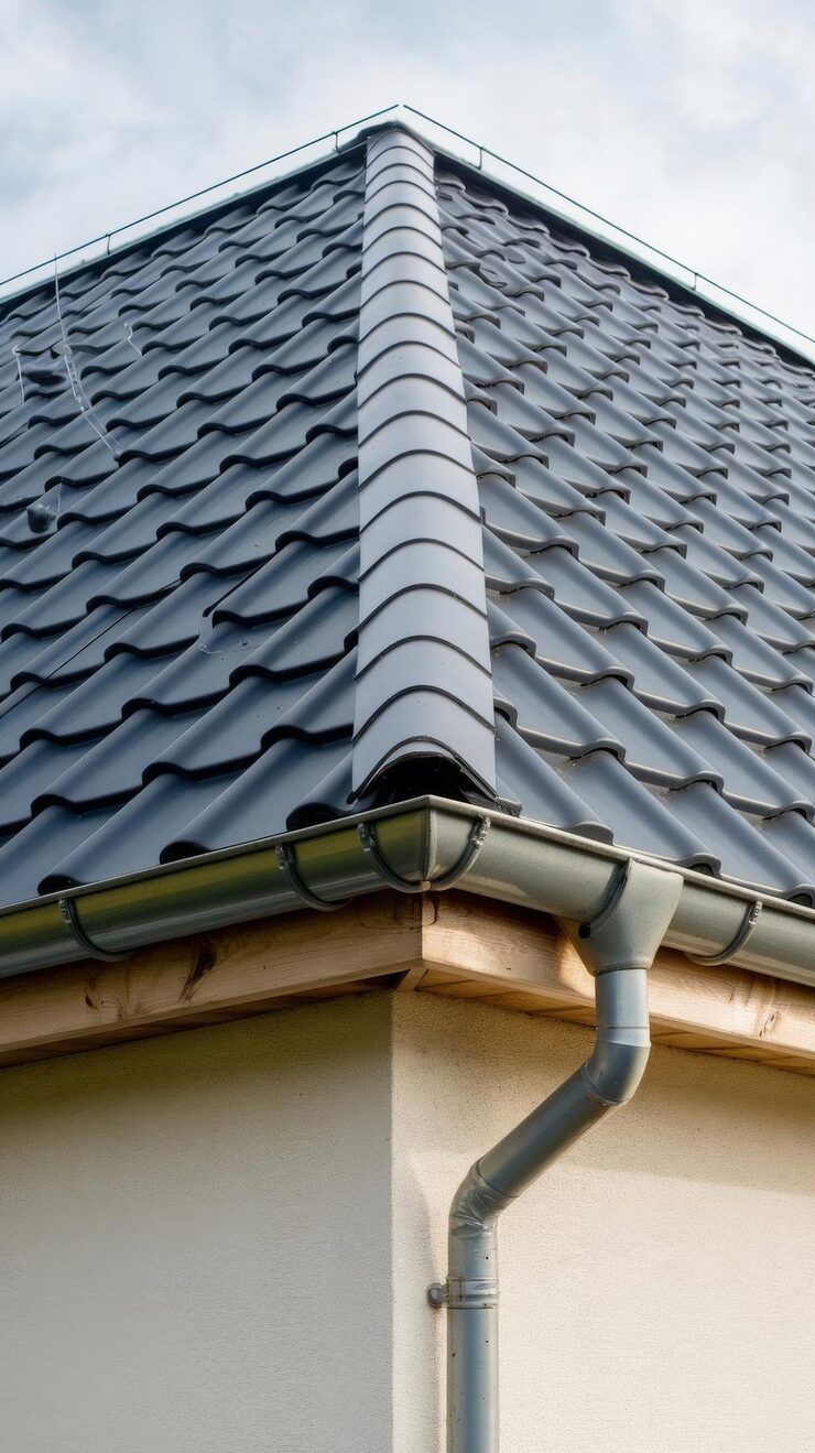 Gray roof corner with gutter and downspout on a light-colored building.