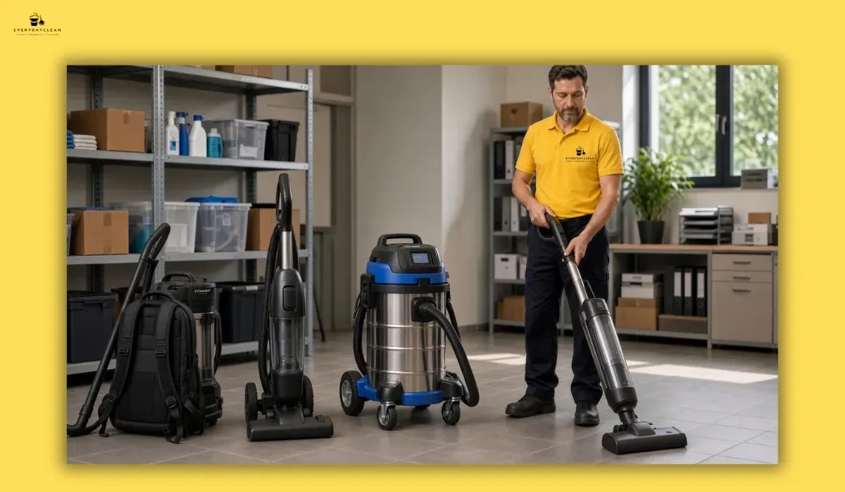 Different commercial vacuum types in an office cleaning storage room