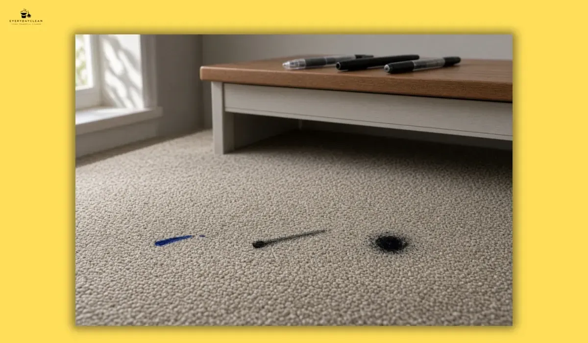 Different ink stains on carpet from ballpoint and felt-tip pens