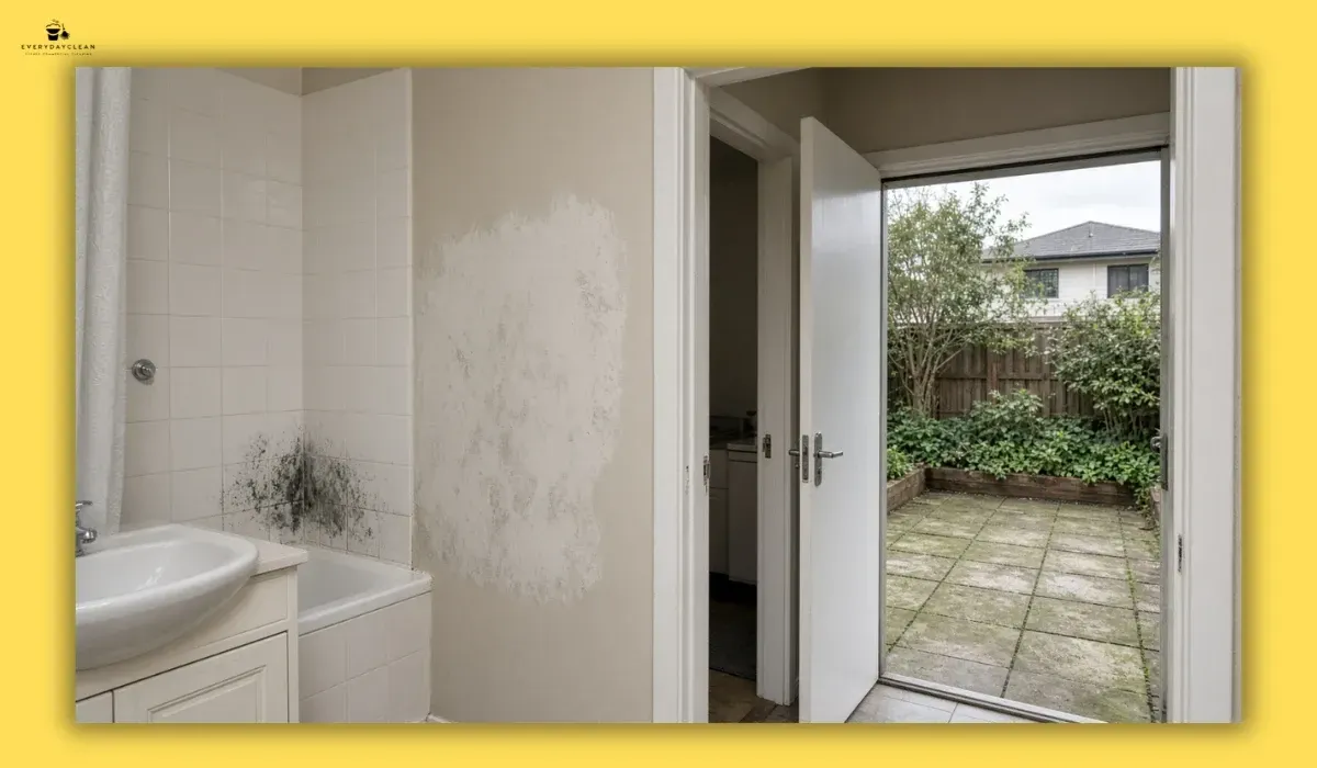 Different mould situations across bathroom grout, painted walls and outdoor paving
