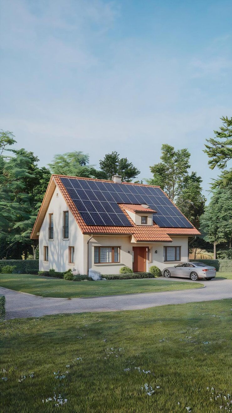 House with solar panels on roof, surrounded by trees and a car in the driveway on a sunny day.