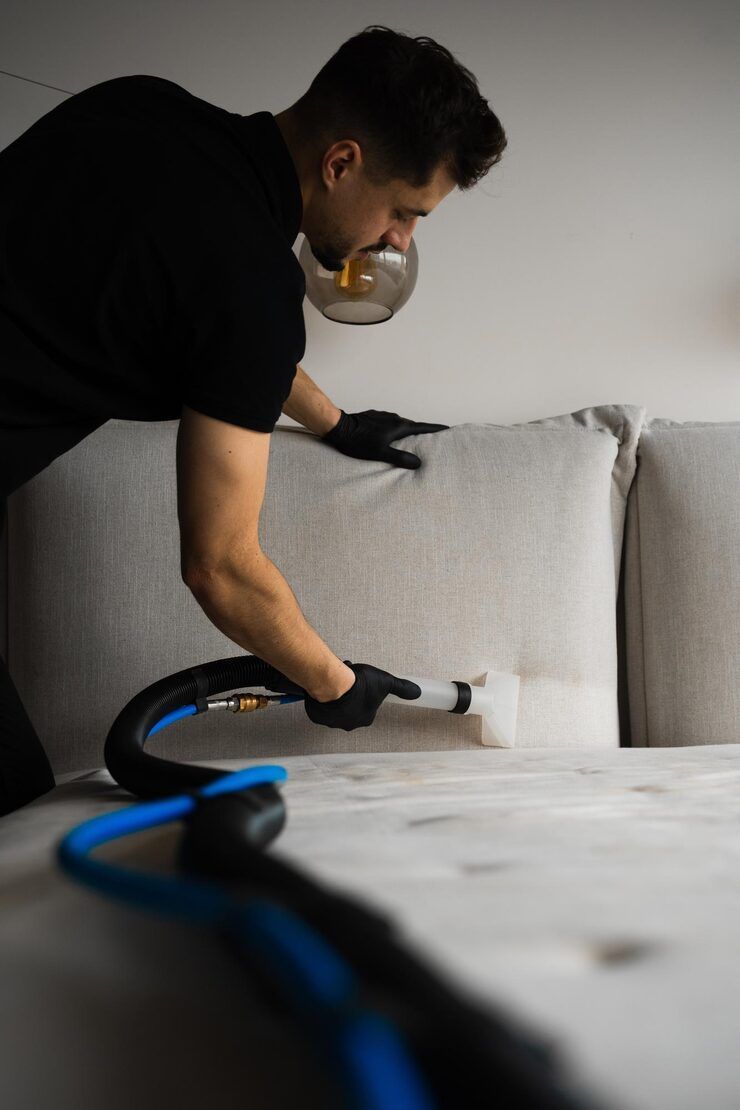 Person cleaning a beige couch with a vacuum cleaner in an interior setting.