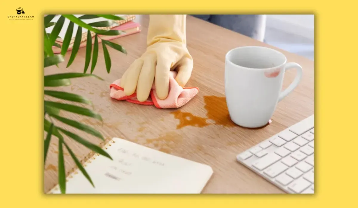Dry dusting an office desk with a microfiber cloth before applying cleaning products