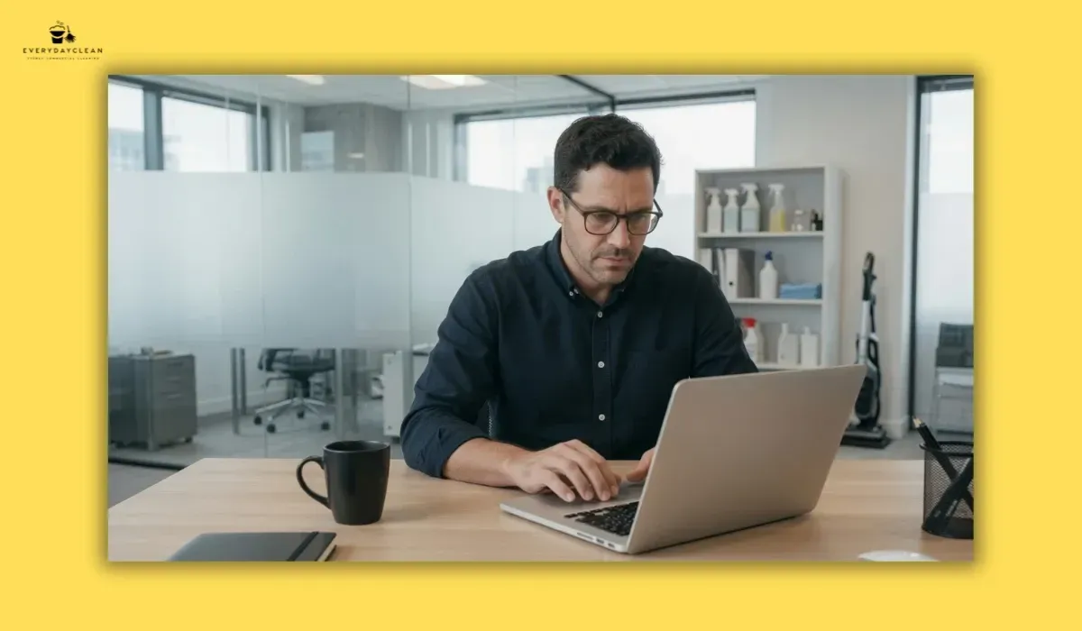 Employee reading an office fridge clean-out email reminder
