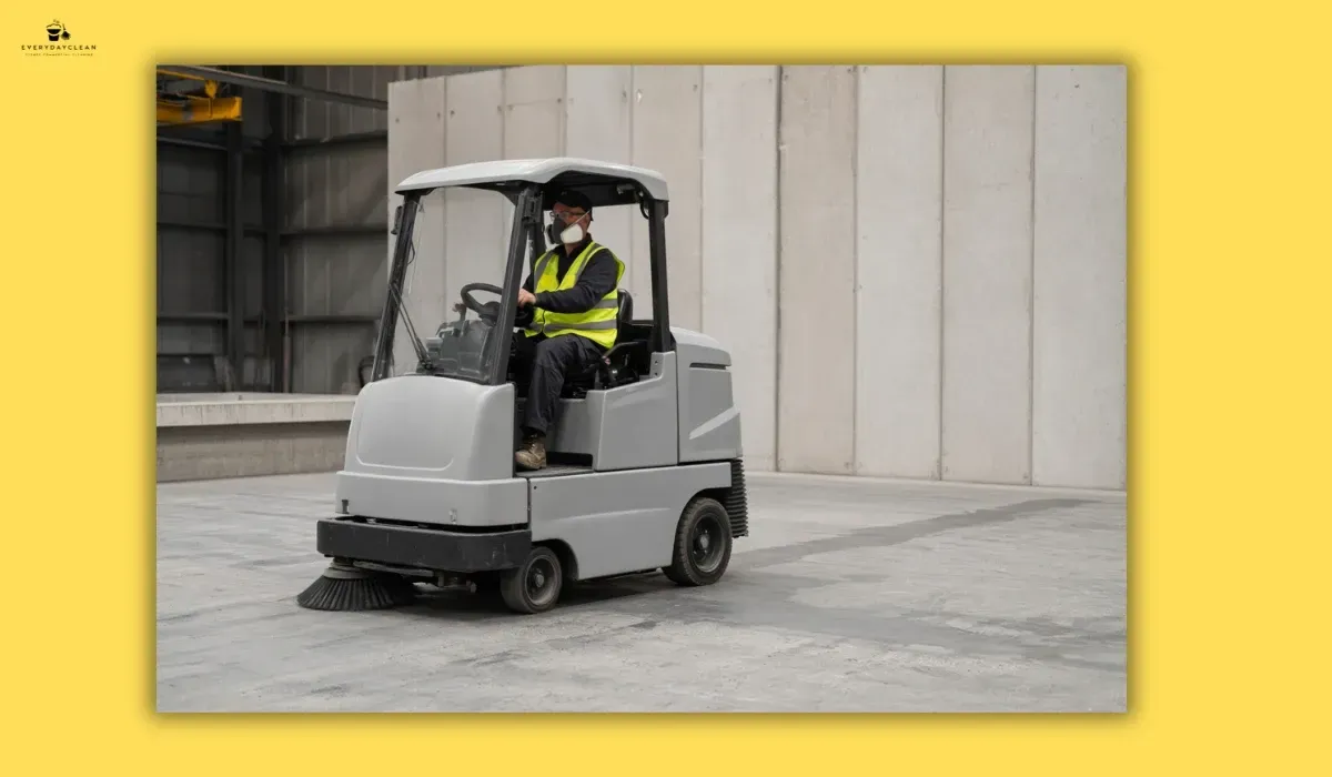 Enclosed industrial sweeper with sealed brush skirts cleaning fine concrete dust in a factory