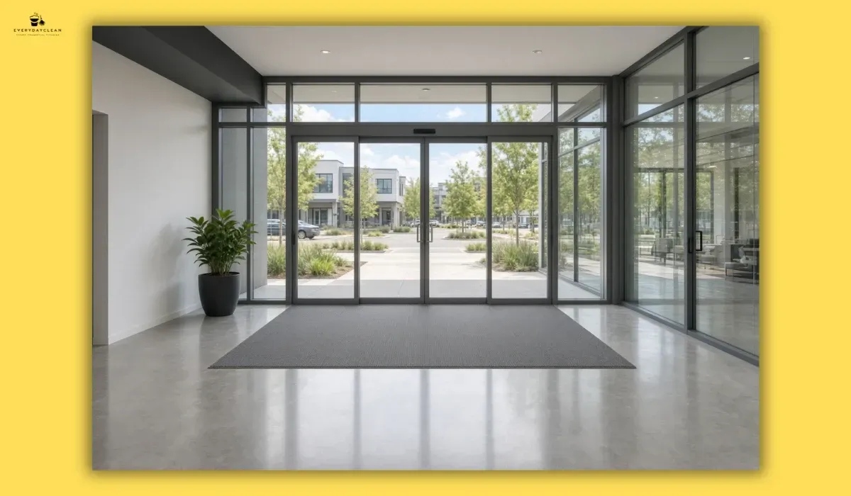 Entrance matting trapping grit at the doorway of a polished concrete floor