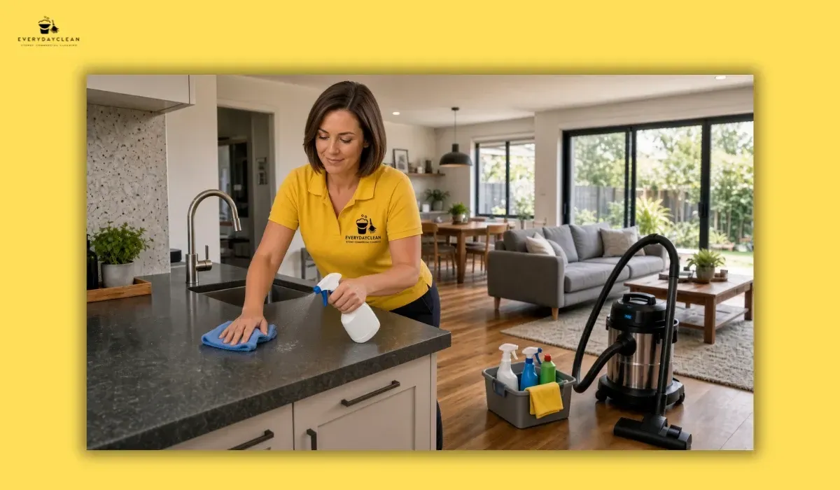 Professional house cleaner cleaning a kitchen and living area