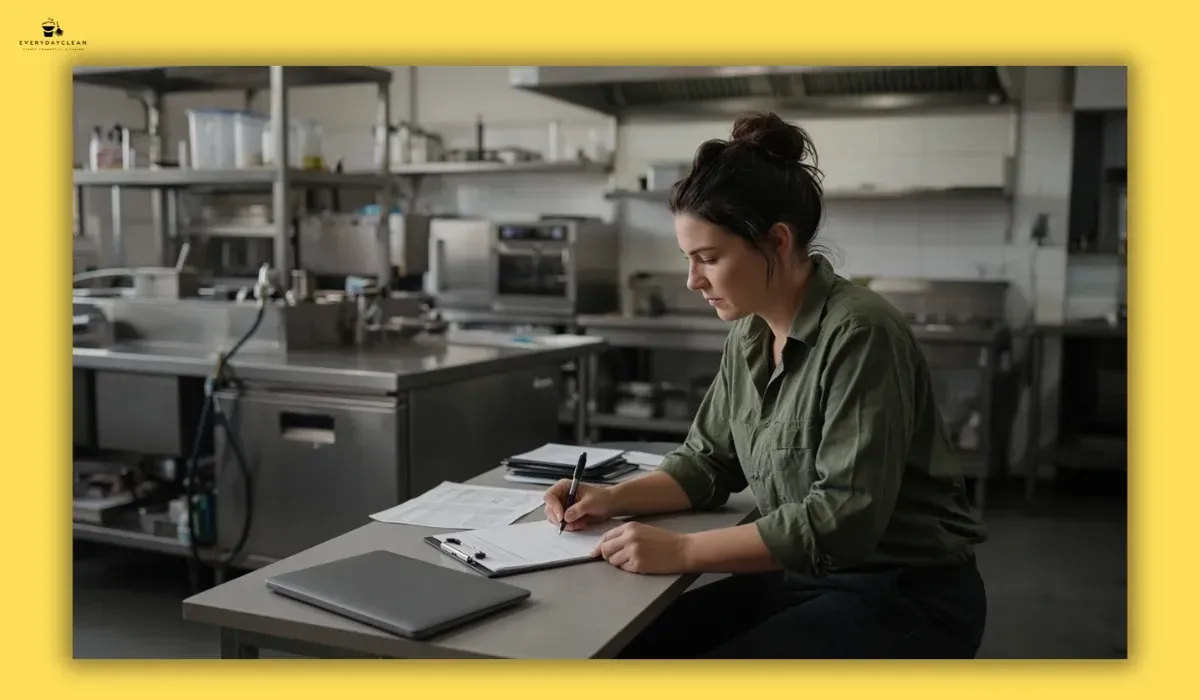 Facility manager recording commercial grease trap servicing details at a kitchen maintenance desk