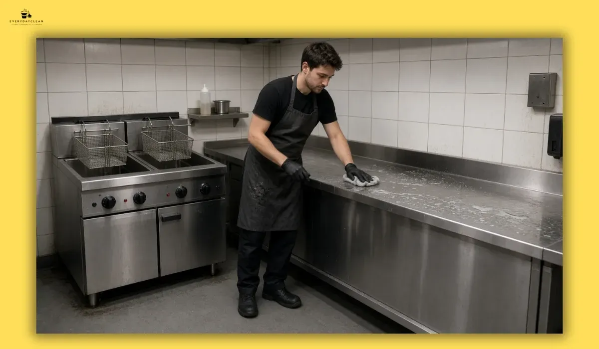 Fish and chip shop kitchen with clean fryer area and food preparation surfaces