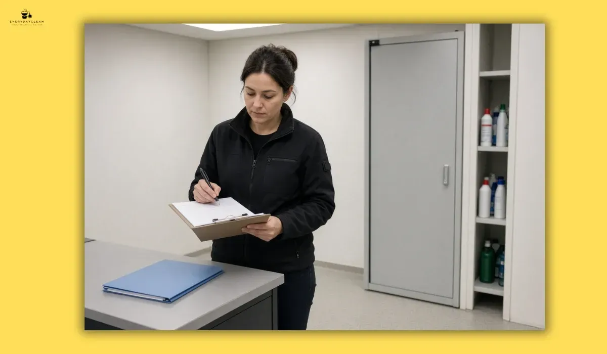 Food premises manager reviewing a chemical storage inspection checklist beside a utility cupboard