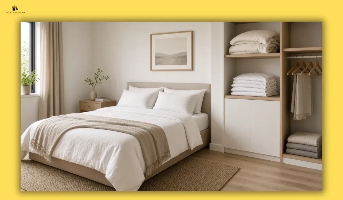Fresh Airbnb bedroom linen and spare bedding prepared for guests